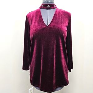 Lord & Taylor choker-neck, burgundy velvet top.
